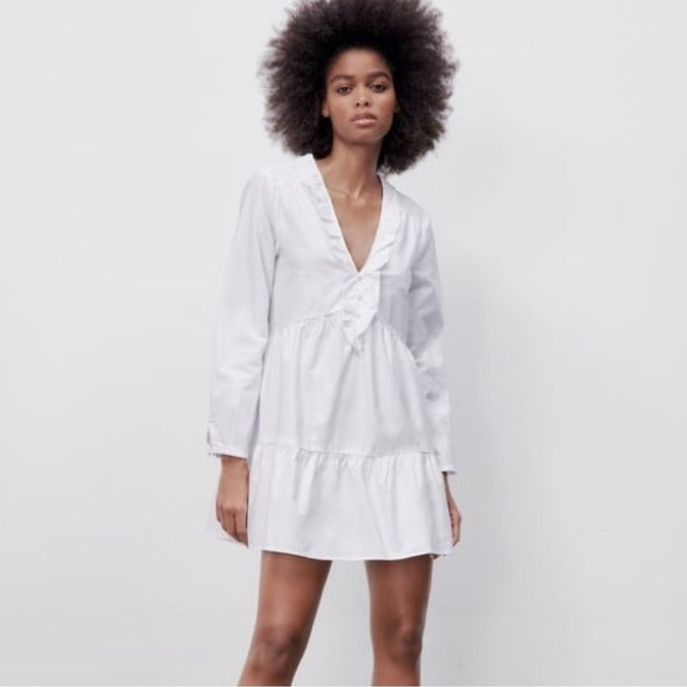 NWOT Zara White Cotton Ruffle Tiered Mini Dress Medium
